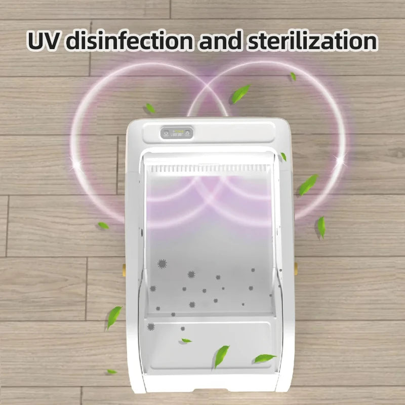 UV disinfection and sterilization device on a wooden surface with text above.