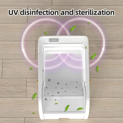 UV disinfection and sterilization device on a wooden surface with text above.