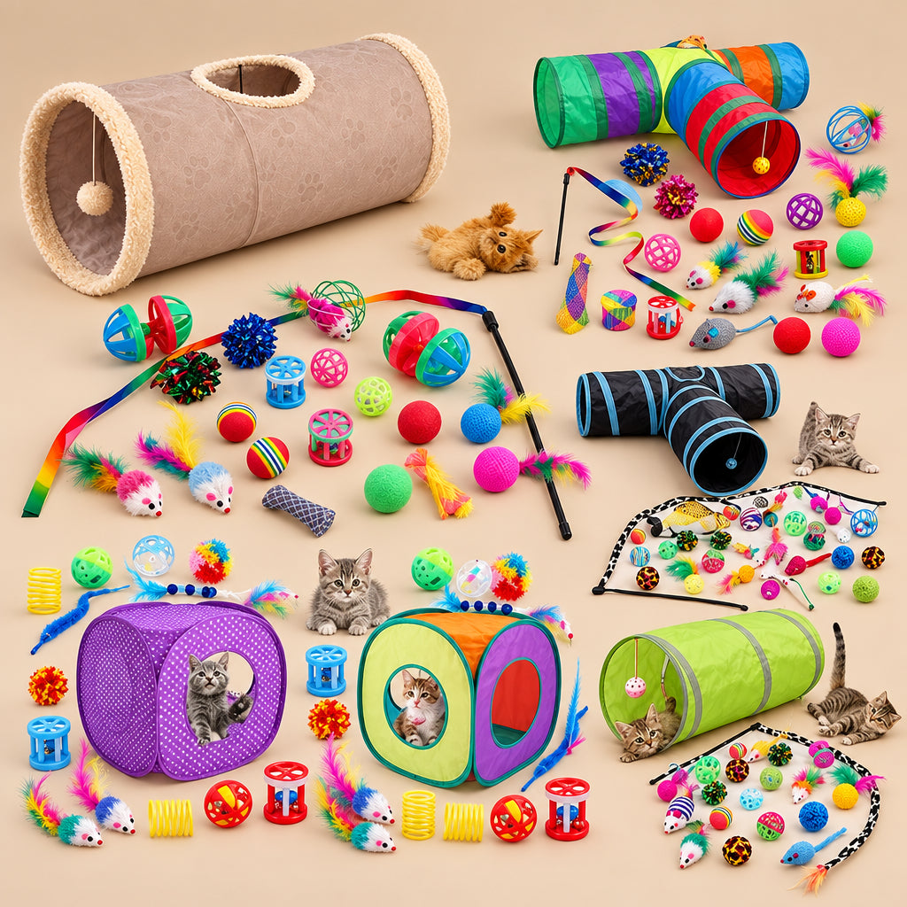 Collection of cat toys including tunnels, balls, and interactive devices on a beige background.