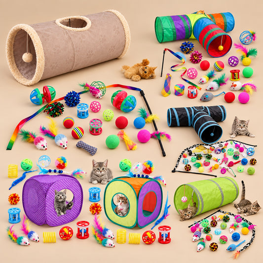 Collection of cat toys including tunnels, balls, and interactive devices on a beige background.