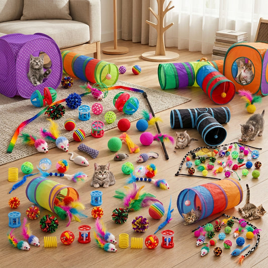 A large group with a variety of colorful cat toys and tunnels arranged on the floor of a home, with several real cats visible interacting with the products. The set includes tunnels, balls, toys, wands, and small accessories in many bright colors.