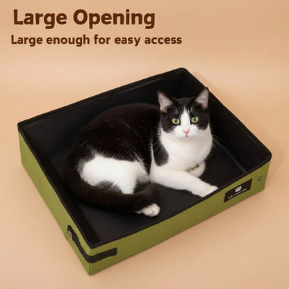 Cat lying on a large black and green pet litter tray with text indicating a large opening.