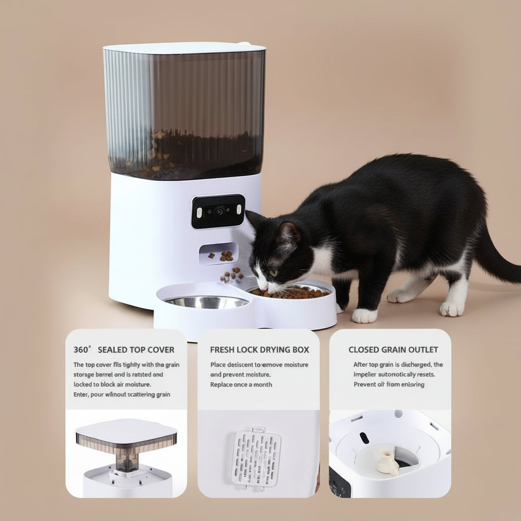 Pet food dispenser with a cat in the background, featuring text labels on a light background.