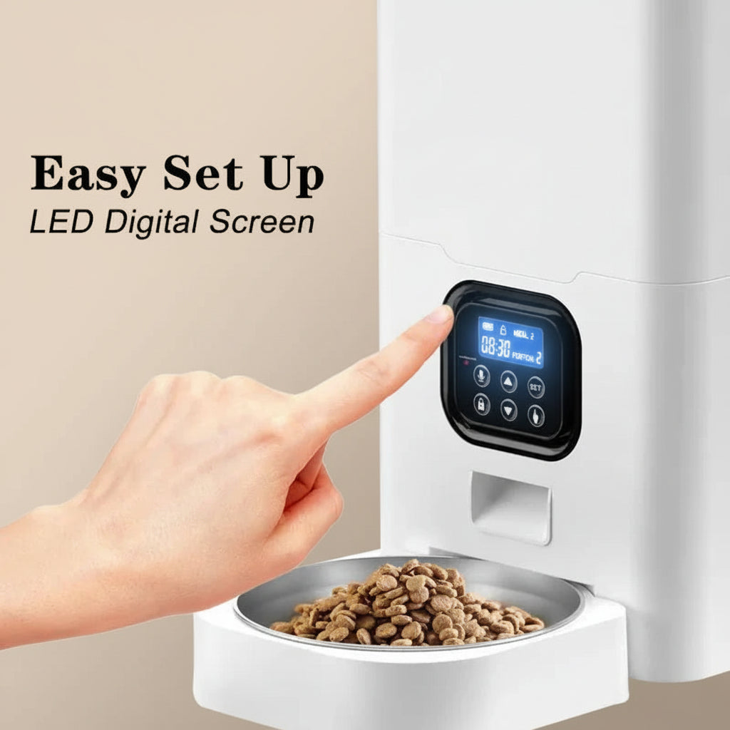 Hand setting up a pet feeder with an LED digital screen on a beige background