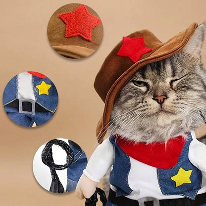 Cat wearing a cowboy costume with accessories on a beige background
