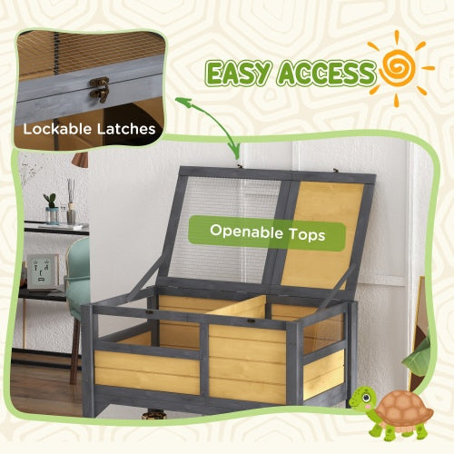 Wooden pet enclosure with openable top and lockable latches, featuring 'Easy Access' text.