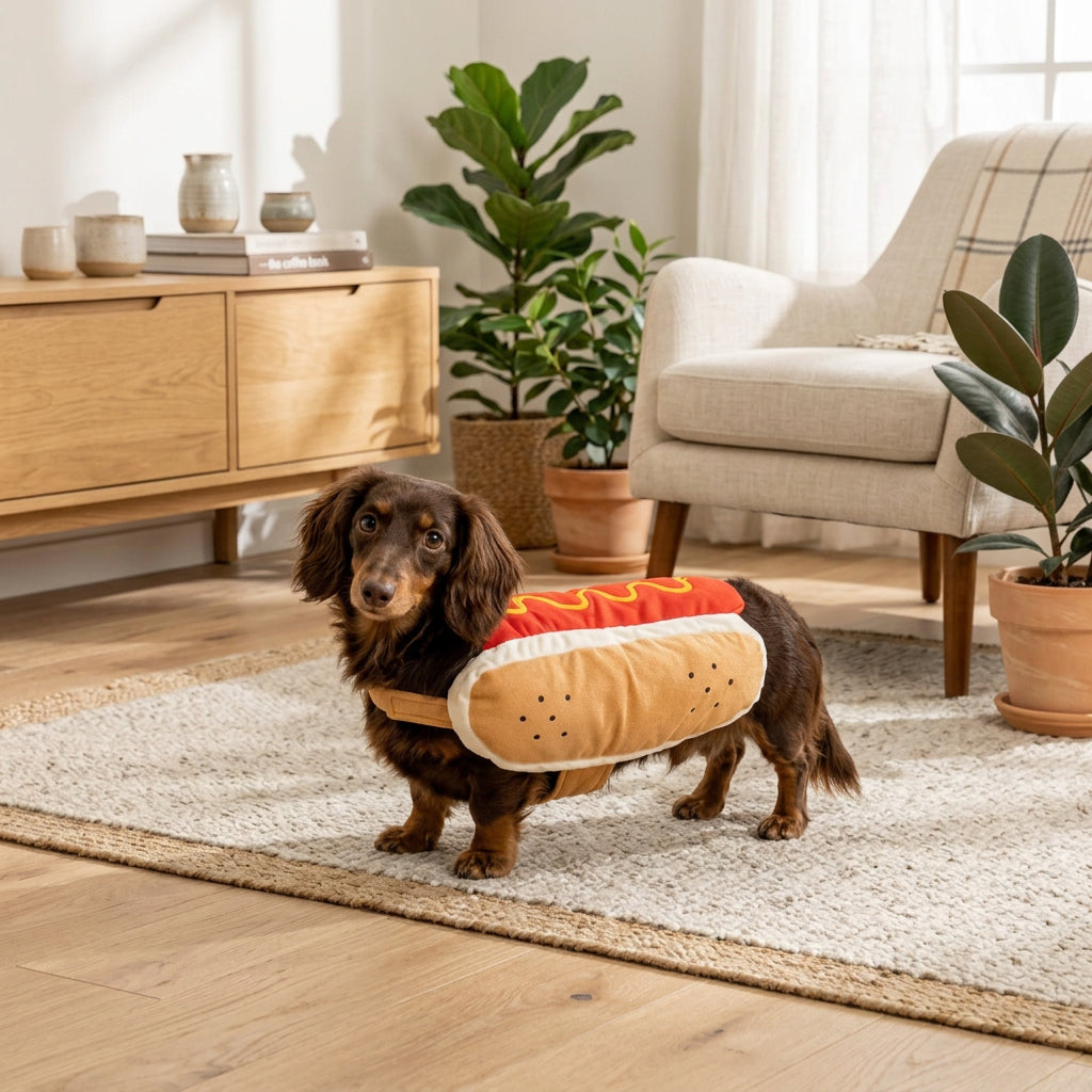 A dachshund wearing a plush hot dog costume, standing on a light beige carpet in a brightly lit room with potted plants in the background.