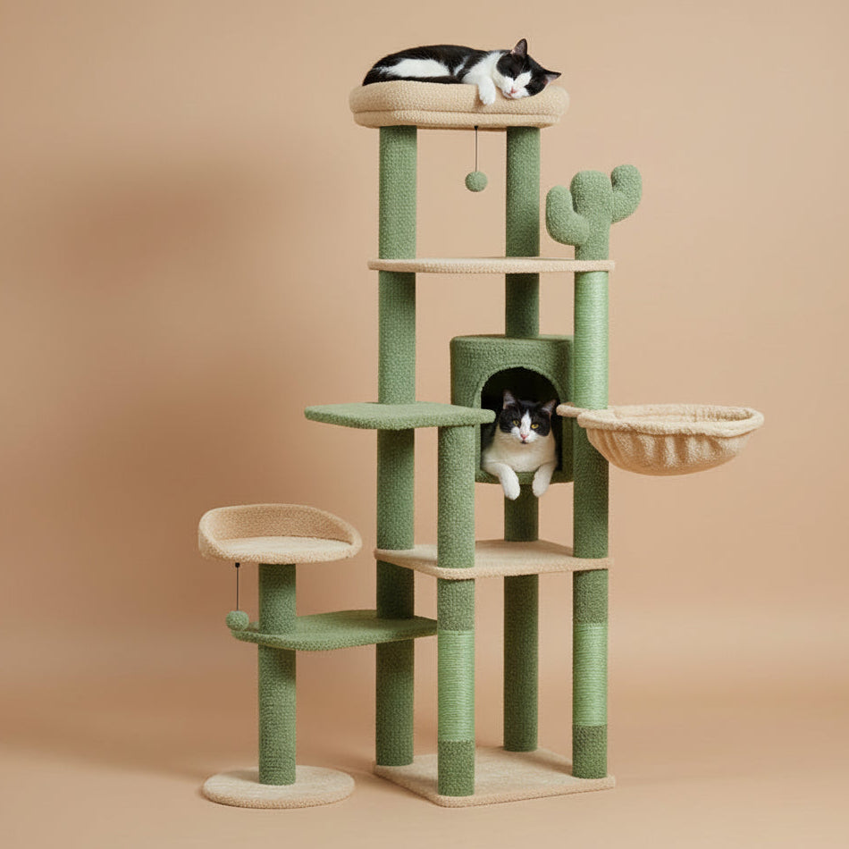 Cactus Tall Cat Tree for Large Cat Multi-Level Cat Tower for Indoor Cats Cat Condo with Large Hammock Scratching Post 2 Perches