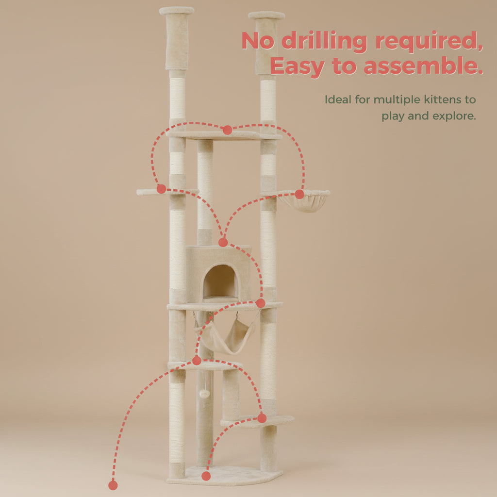 Cat climbing tree in a living room with text about assembly and suitability for multiple cats.