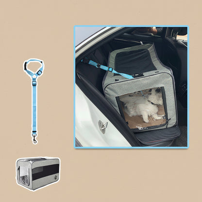 Folding Pet crate in car with a dog inside, leash, and pet carrier on a beige background