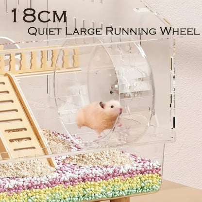 Hamster running on a transparent exercise wheel in a clear hamster cage with colorful bedding.