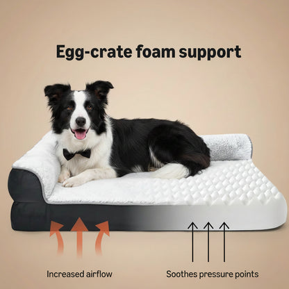 Dog lying on a cushion with text about egg-crate foam support, increased airflow, and soothed pressure points.
