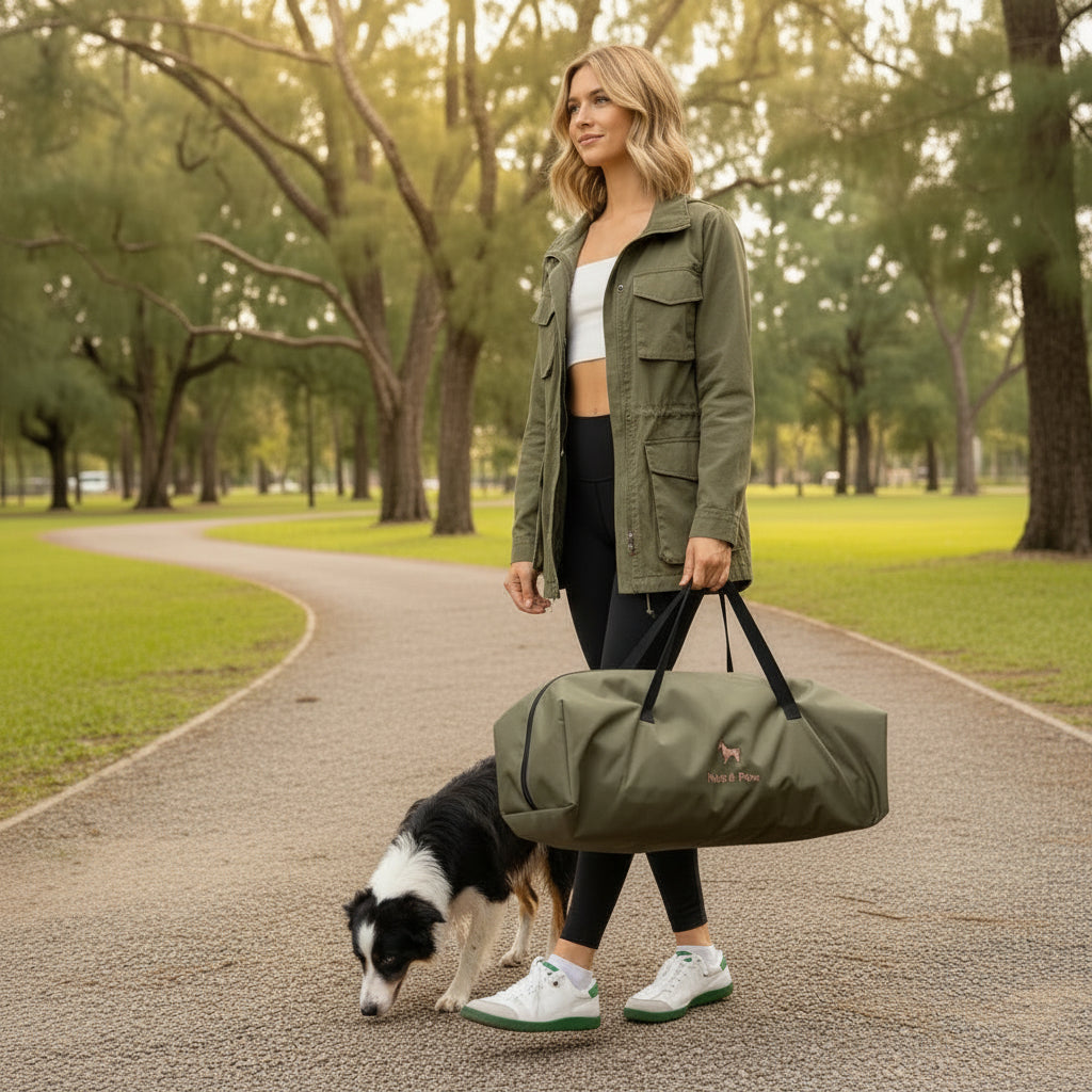 Woman holding a green duffel bag with a dog in a forest setting