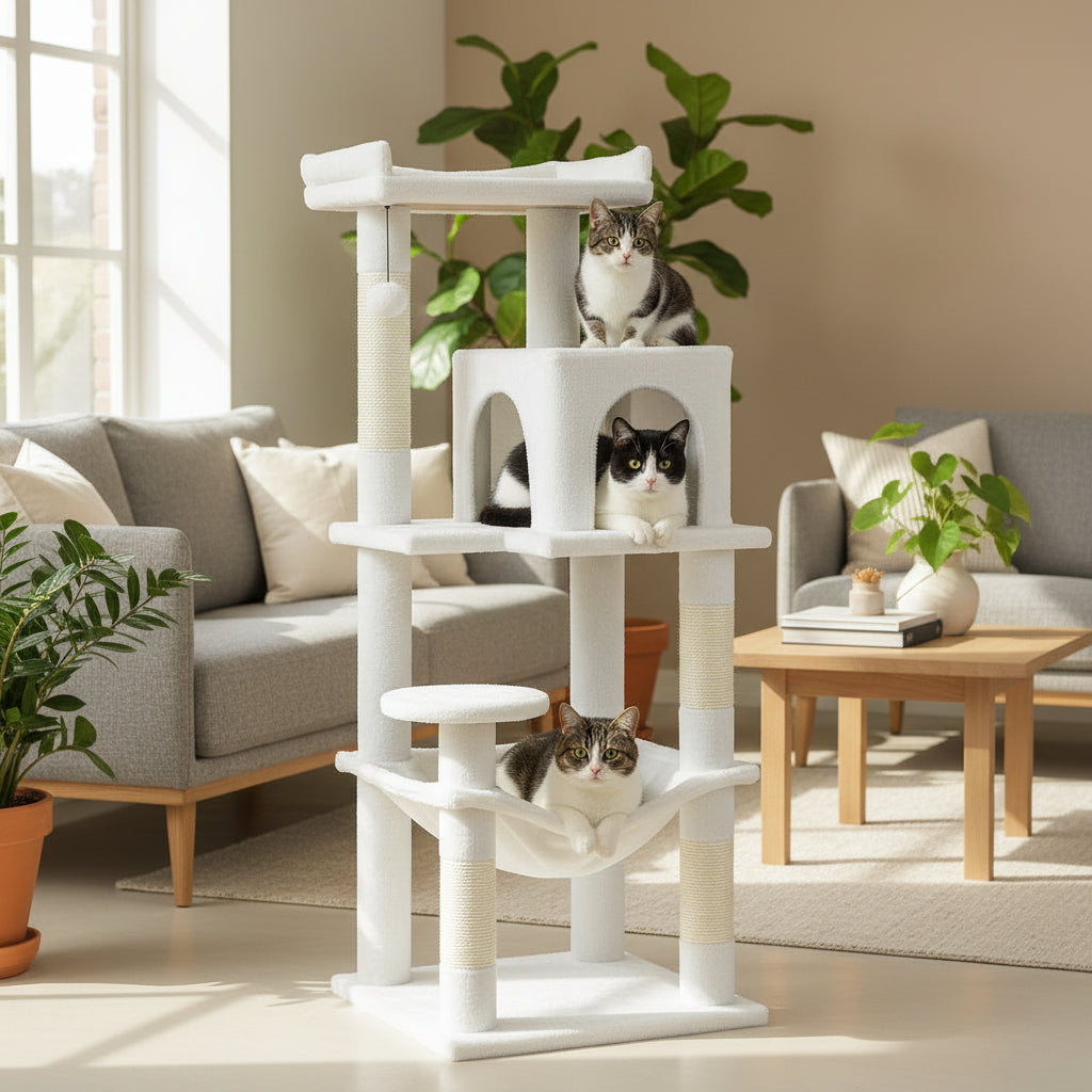 White cat tree with cats in a living room setting