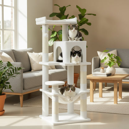 White cat tree with cats in a living room setting