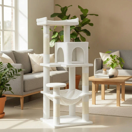 White cat tree with cats in a living room setting