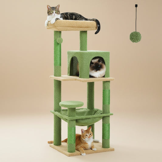 Green and beige cat tree with three cats on a white background