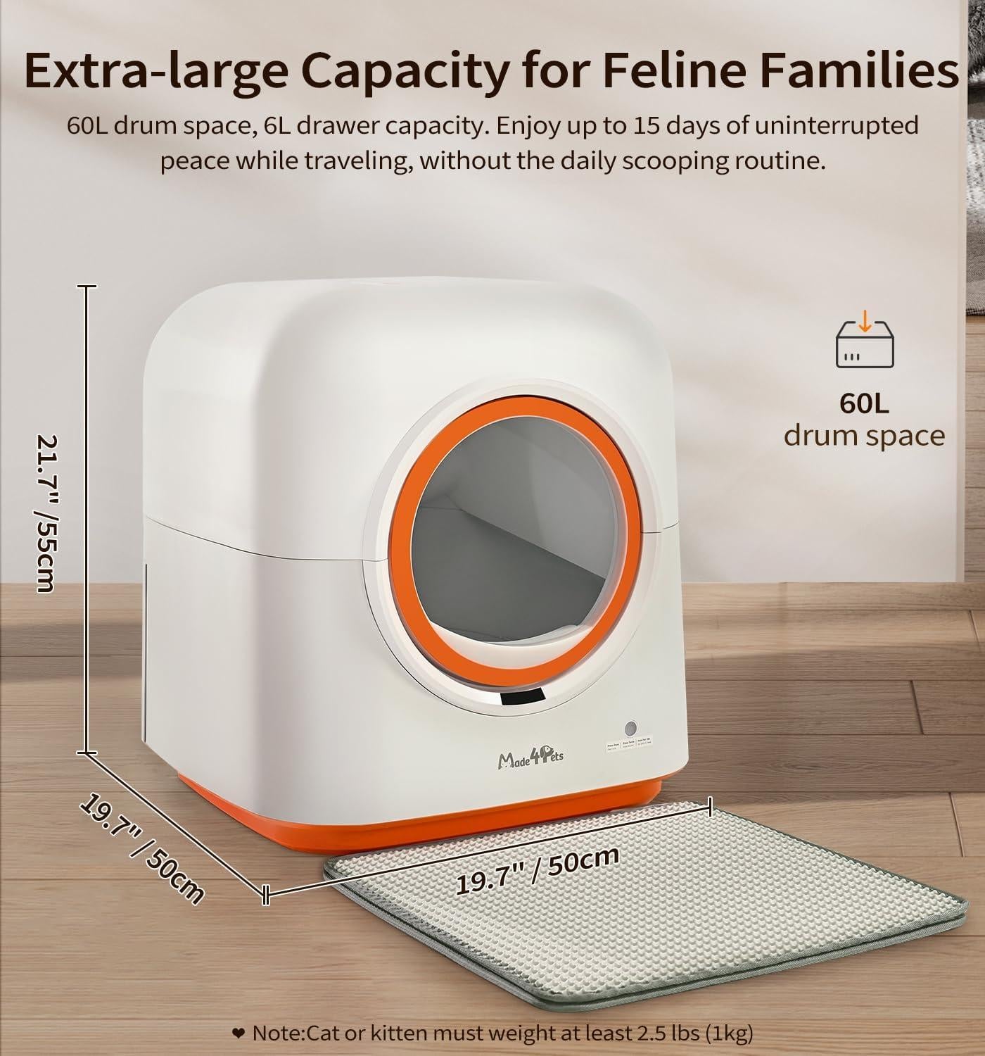 Pet litter box with dimensions and capacity details on a wooden floor.