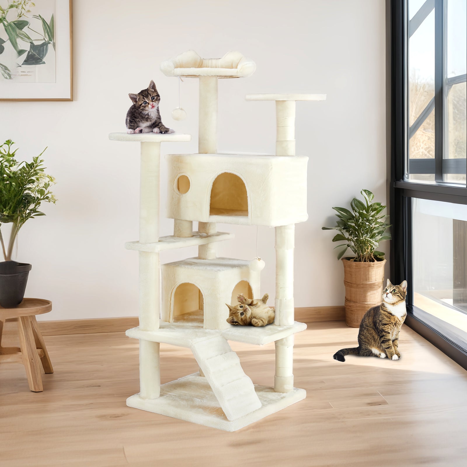 Cat tree with multiple levels and a cat sitting on each level in a room with plants and a window.