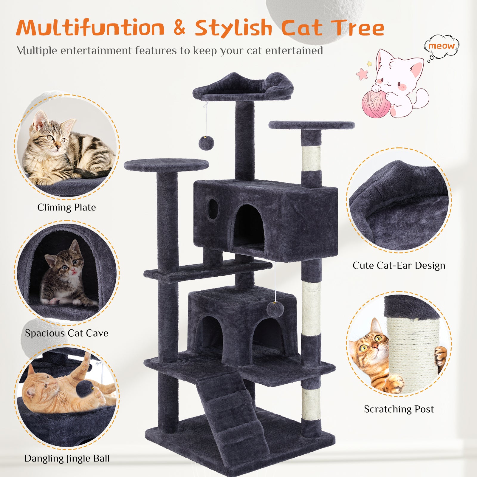 Multifunctional cat tree with various features for cats on a white background