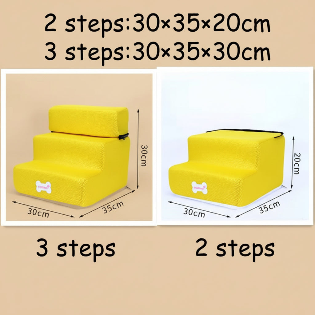 Yellow pet steps with dimensions labeled on a white background