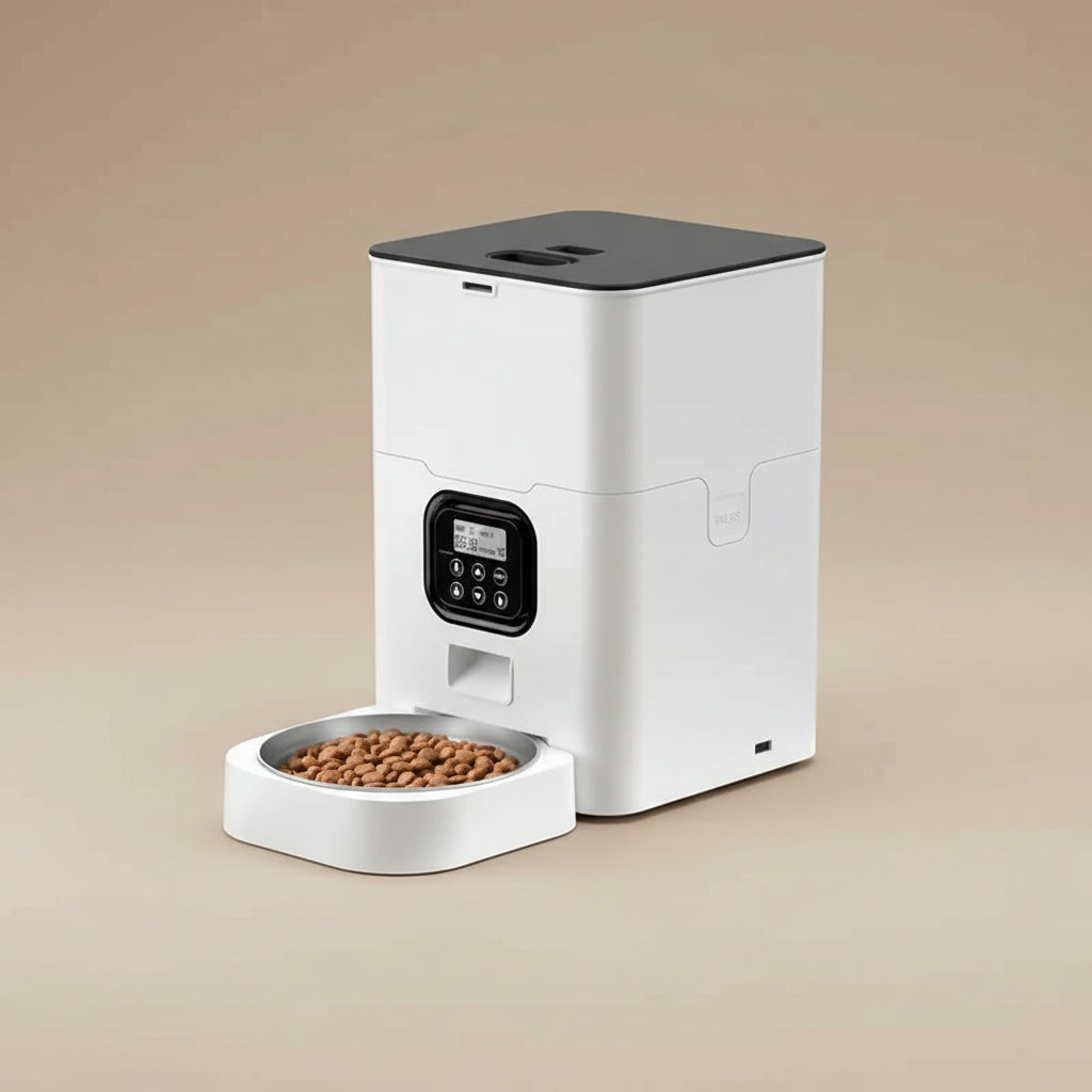 White pet food dispenser with a black top, with smartphone app interface on a beige background.