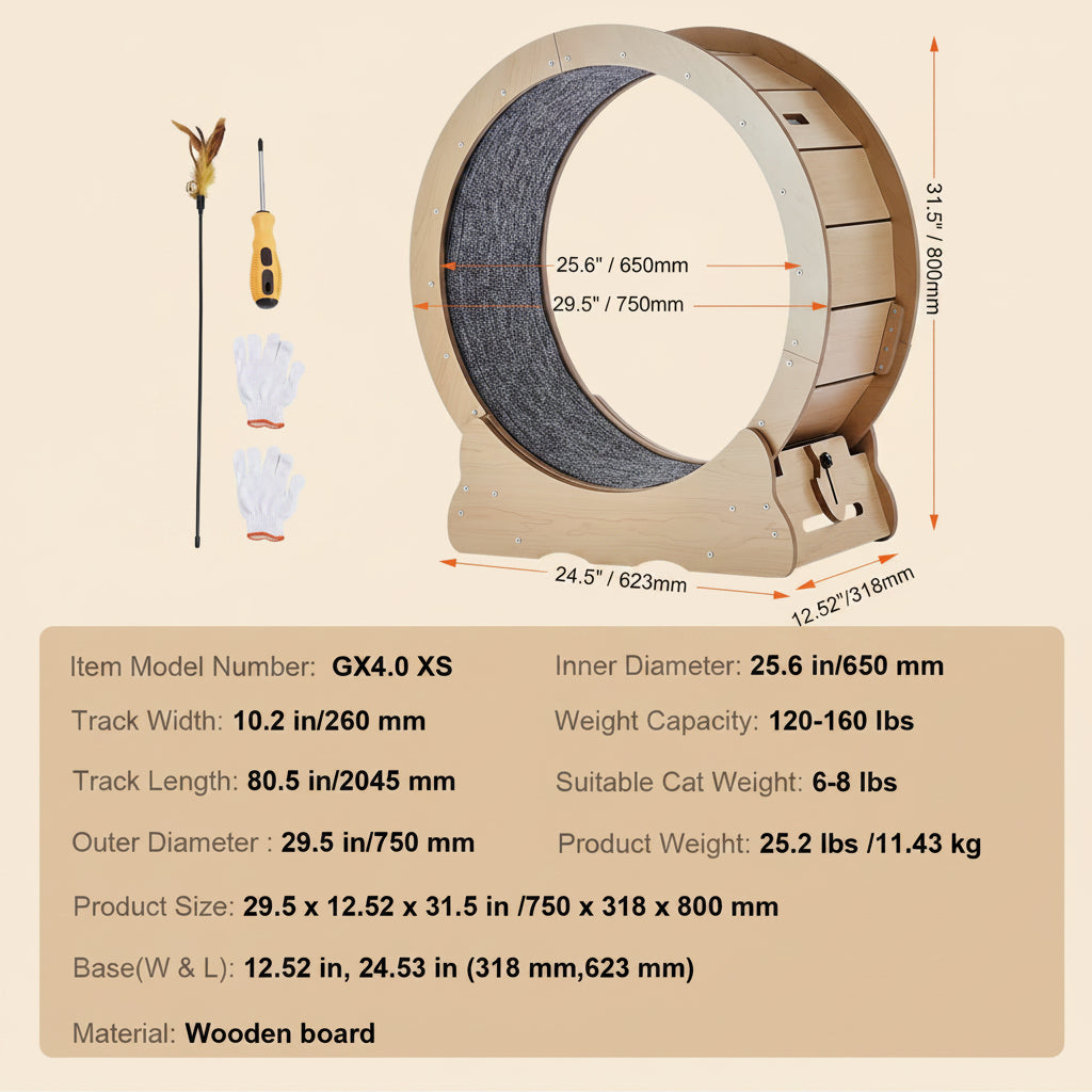 Cat wheel with dimensions and specifications on a beige background