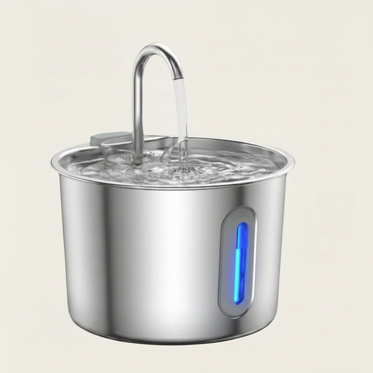 Stainless steel water filter with blue light indicator.
