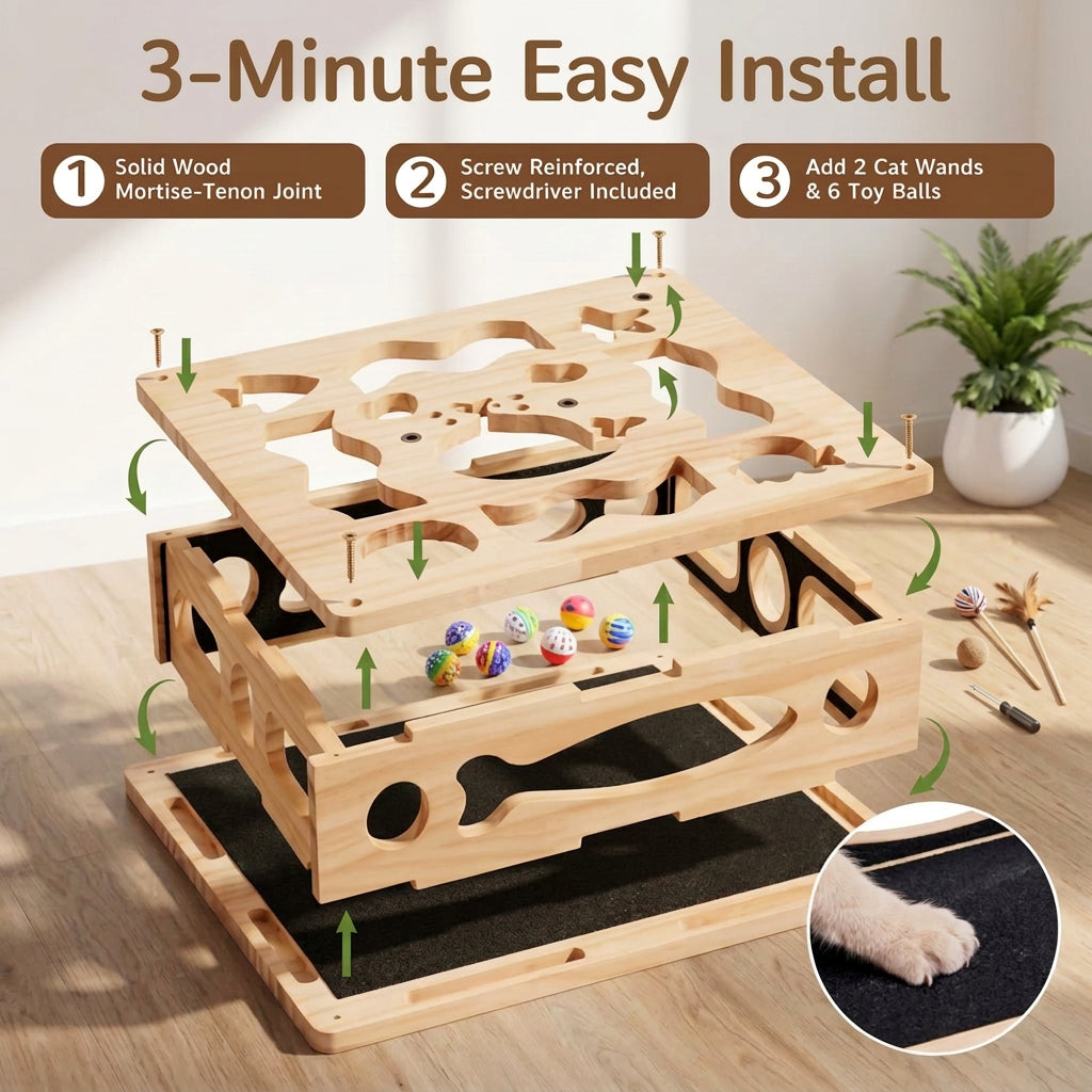 A wooden cat scratching box puzzle toy shown in an exploded, disassembled view on a light wood floor, with text reading '3-Minute Easy Install' and three feature callouts. A small paw-print inset appears in the bottom right corner.