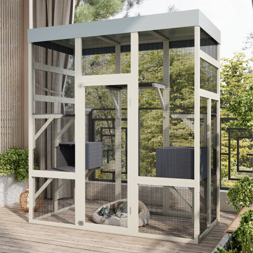 62.6" Gray Wooden Catio Outdoor Pet Enclosure with Waterproof Top - Spacious and Secure Cat House &amp; Small Animal Cage with Black Rust-proof Metal Wire