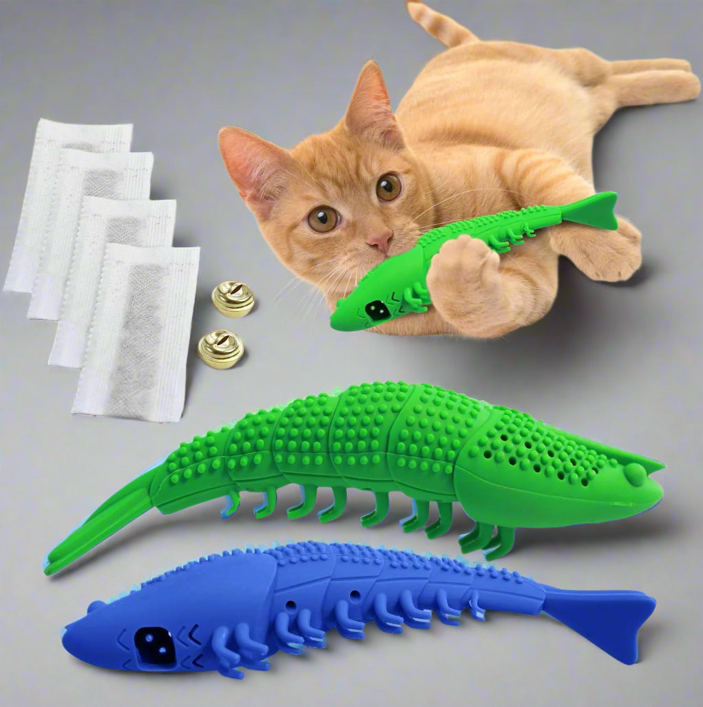 Catnip Toy - Durable Hard Rubber - Cat Dental Care, Cat Interactive Toothbrush Chew Toy (2 Pack Green & Blue (Shrimp))
