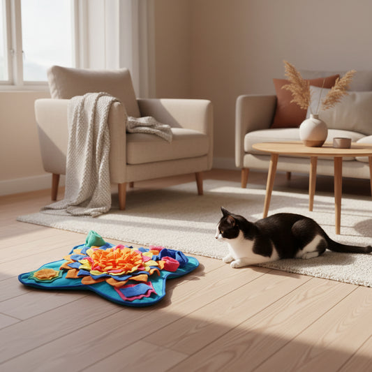 Cat playing with colorful square-shaped toy with a floral design on the floor of a living room.