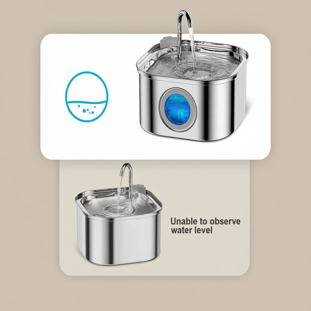 Stainless steel water fountain with blue indicator lights on a light brown background