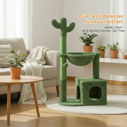 Green cactus-shaped cat tree with cats on a light-colored floor and wall.