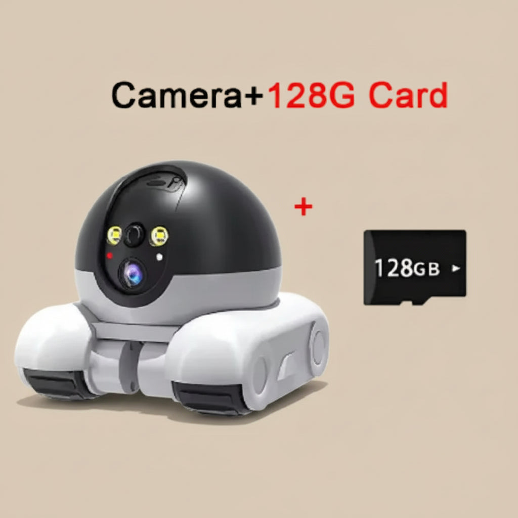 Smart camera with 128GB microSD card on a white background