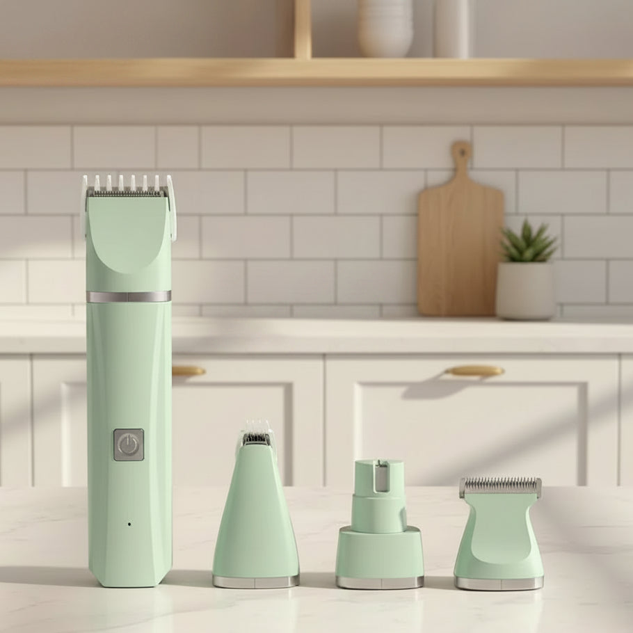 Set of pet clippers with interchangeable attachments on the surface of a white kitchen.
