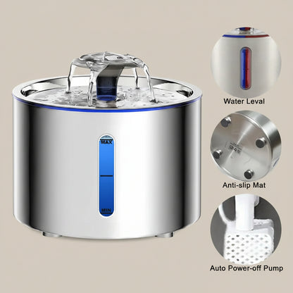 Stainless steel pet water fountain with features highlighted on a white background