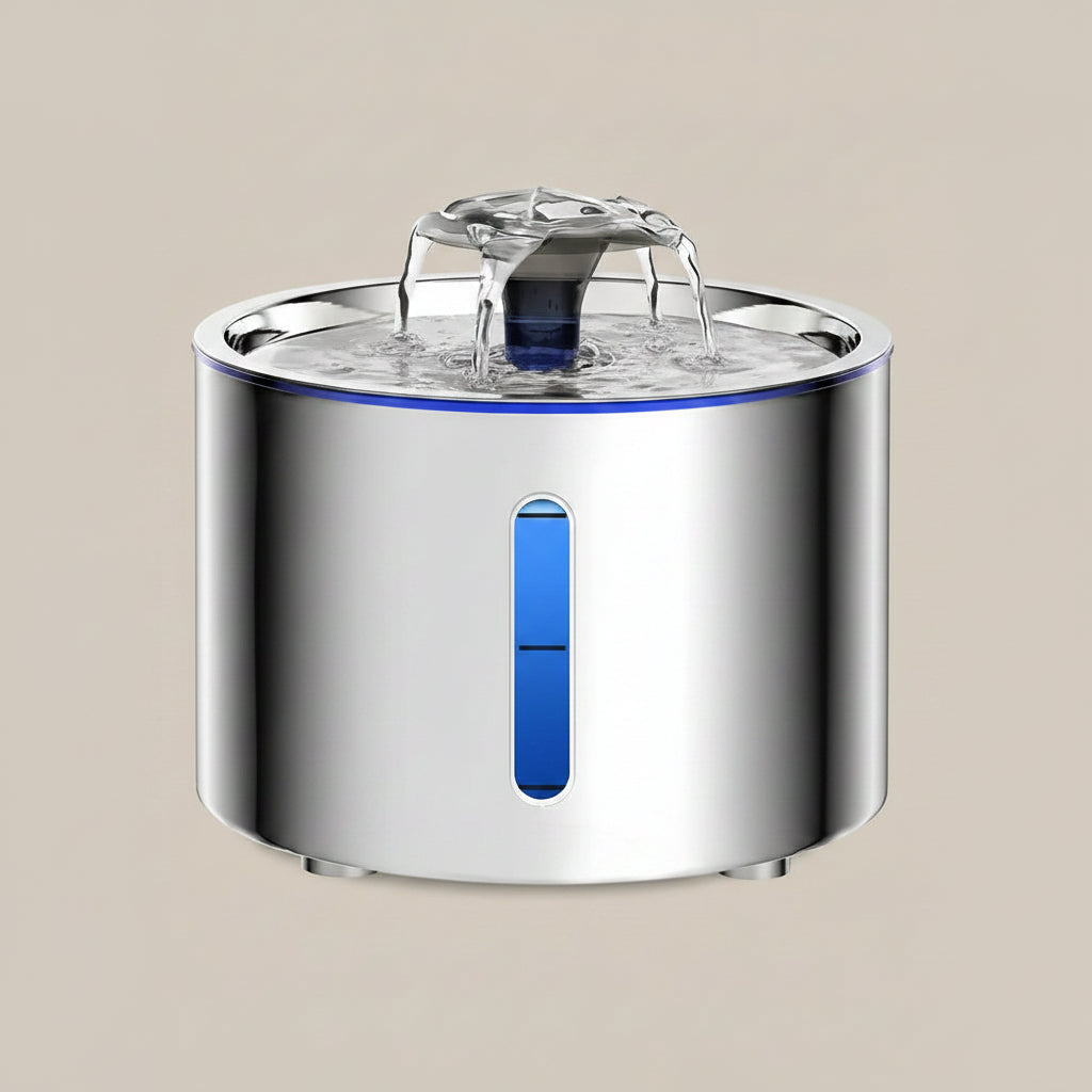 A stainless steel automatic water fountain with a blue water level indicator, shown on a beige background.