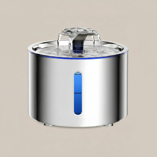 A stainless steel automatic water fountain with a blue water level indicator, shown on a beige background.