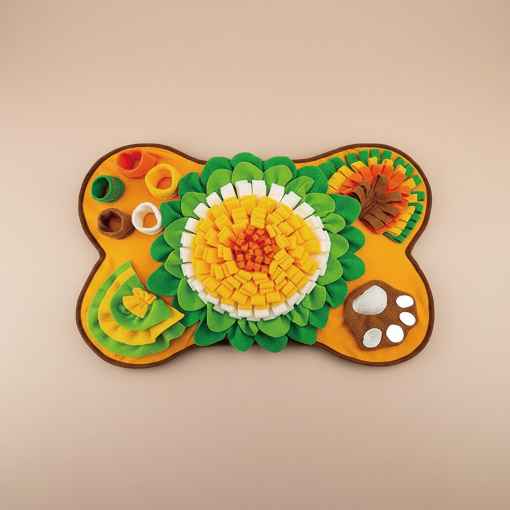 Colorful pet toy shaped like a bone with floral design on a beige background