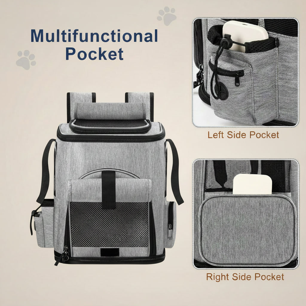 Multifunctional backpack with side pockets on a white background