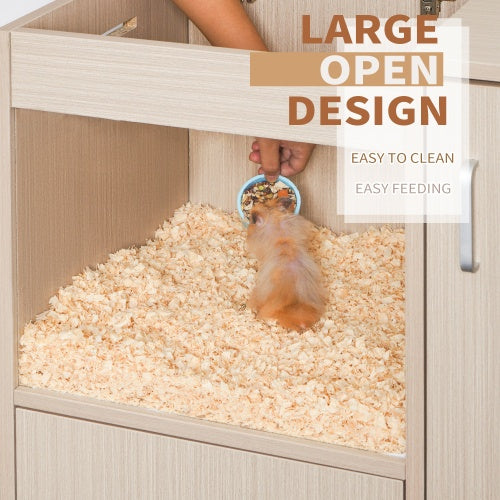 Pet cage with a hand feeding a small animal, labeled 'Large Open Design' and 'Easy to Clean, Easy Feeding'.