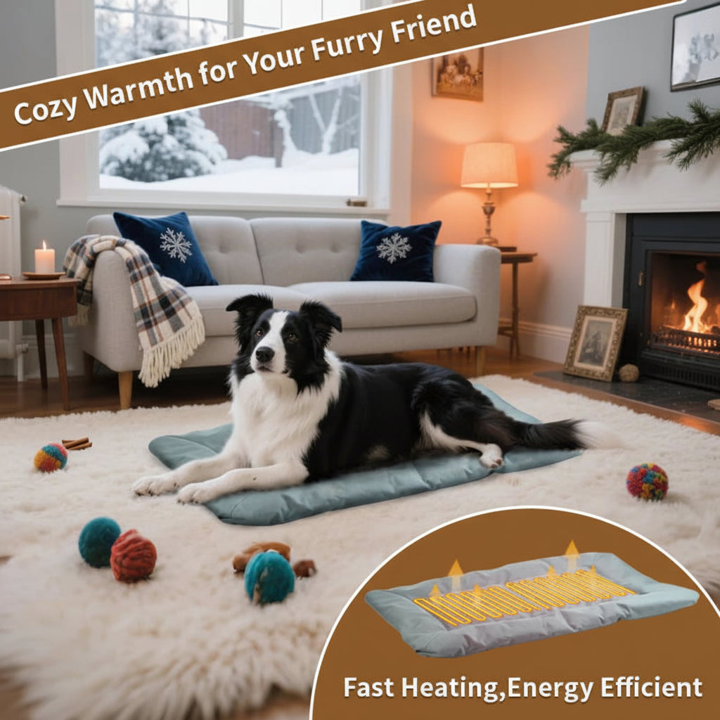 Dog lying on a heating pad in a cozy living room with a fireplace.