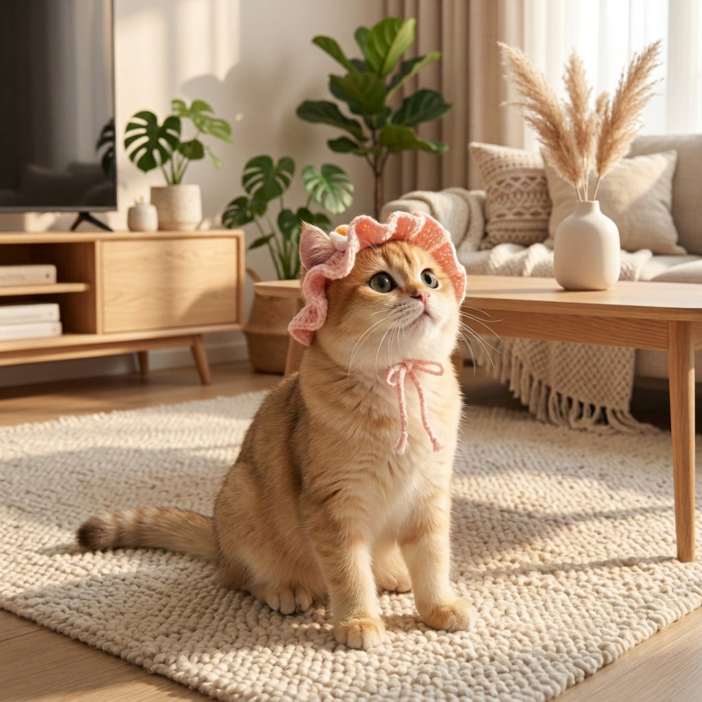 Cat wearing a pink headband with ruffles in a living room setting.