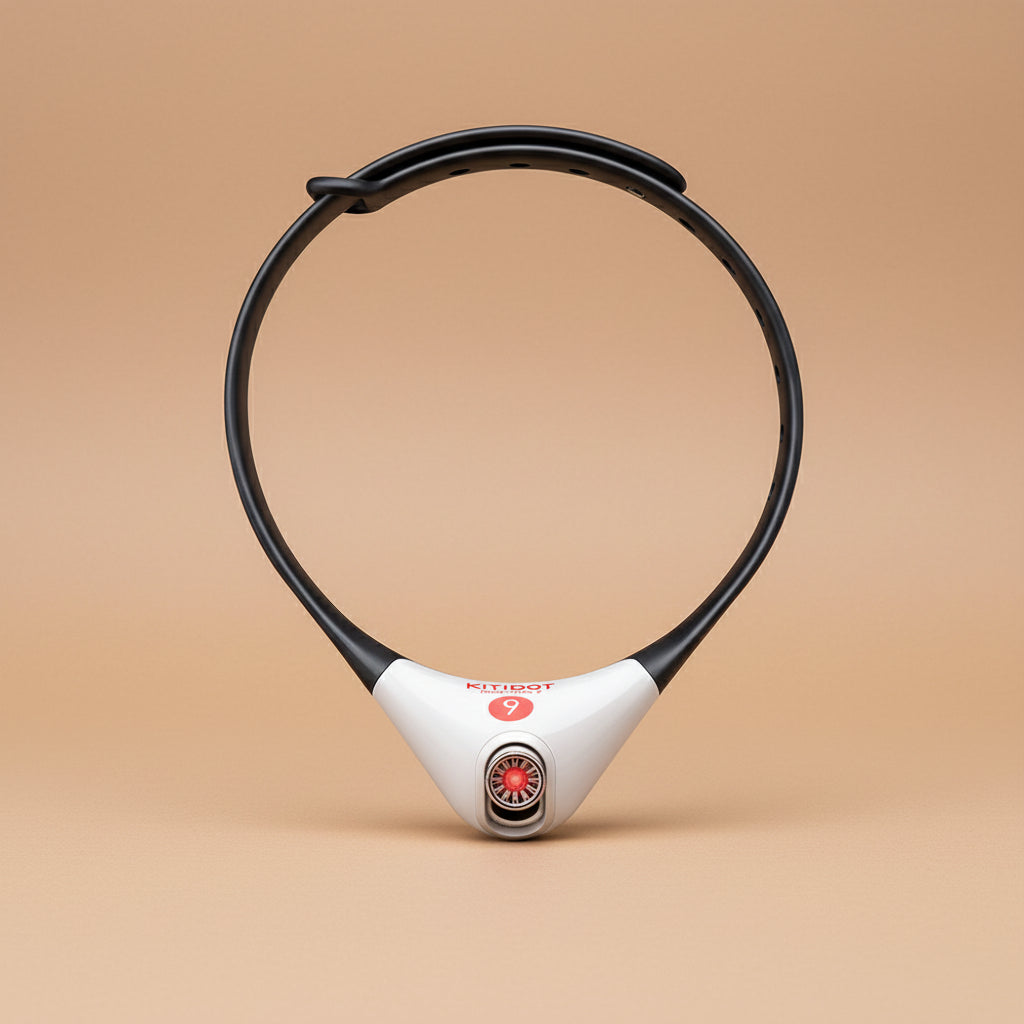 Black and white electronic collar with visible brand logo on a white background
