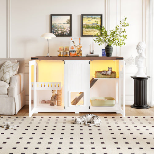 47.25" Large Cat Litter Box Enclosure with LED Light - Hidden Litter Box Furniture, Cat House with Stairs and Cat Scratching Post, Cat Cabinet Side Table with Smart Doors for Living Room, White