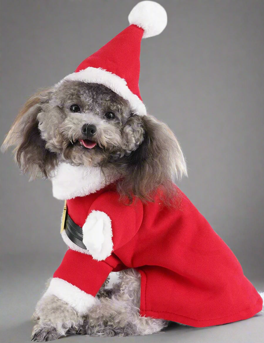 Dog Cat Christmas Santa Claus Costume, Funny Pet Cosplay Outfits with a Cap, Puppy Fleece Warm Apparel Clothes for Xmas (XL Size)