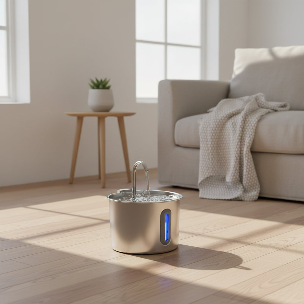 Stainless steel water dispenser with a blue light indicator on a black background