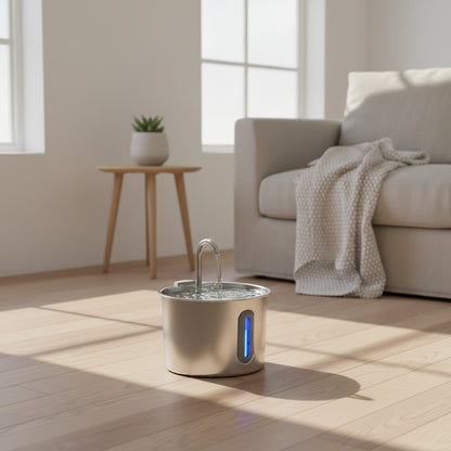 Stainless steel water dispenser with a blue light indicator on a black background