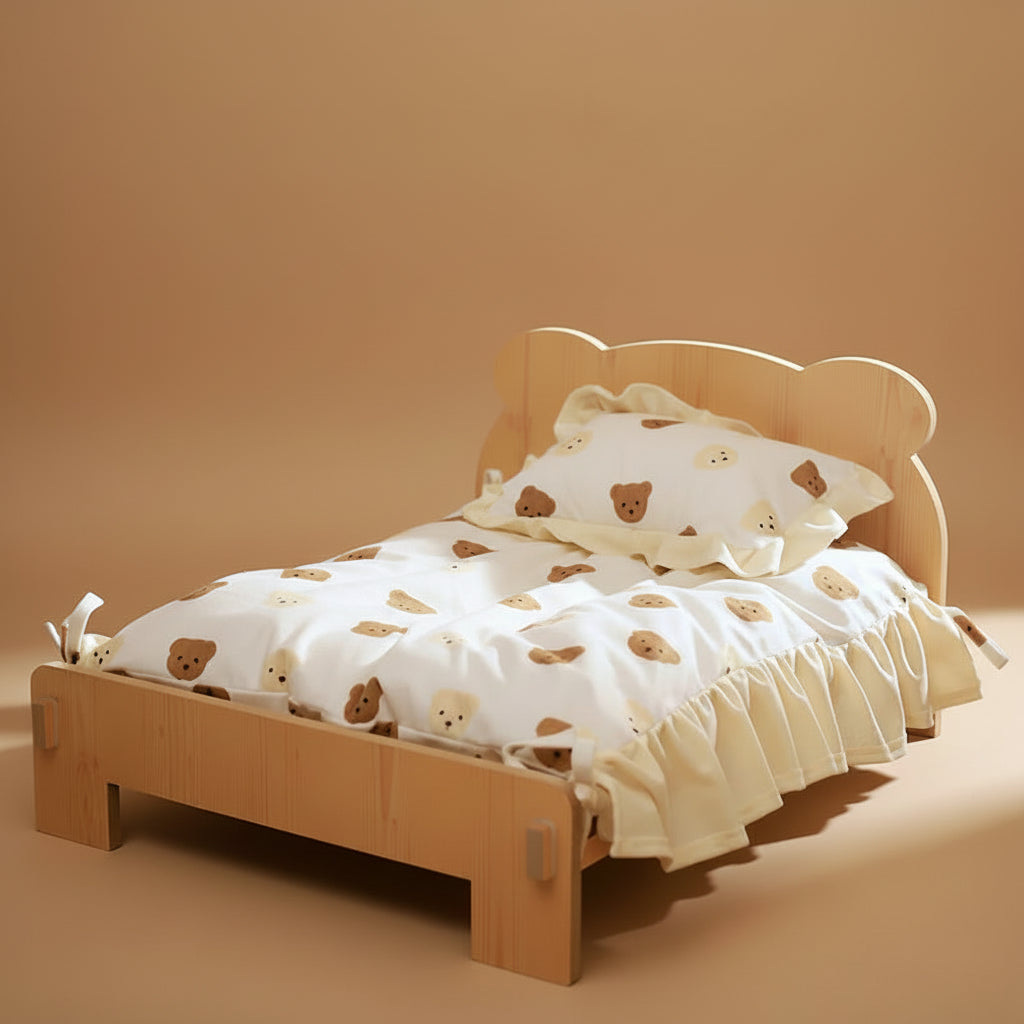 Cat Bed Wooden Cat and Dog Bed with Teddy Bear Pattern Indoor Pet Furniture Floor to Ceiling Bed(20*11Inch)Comfortable Durable